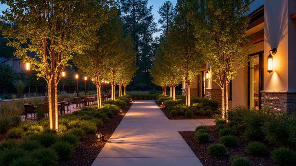 Layered outdoor lighting design showing ambient, task, and accent lighting for commercial spaces